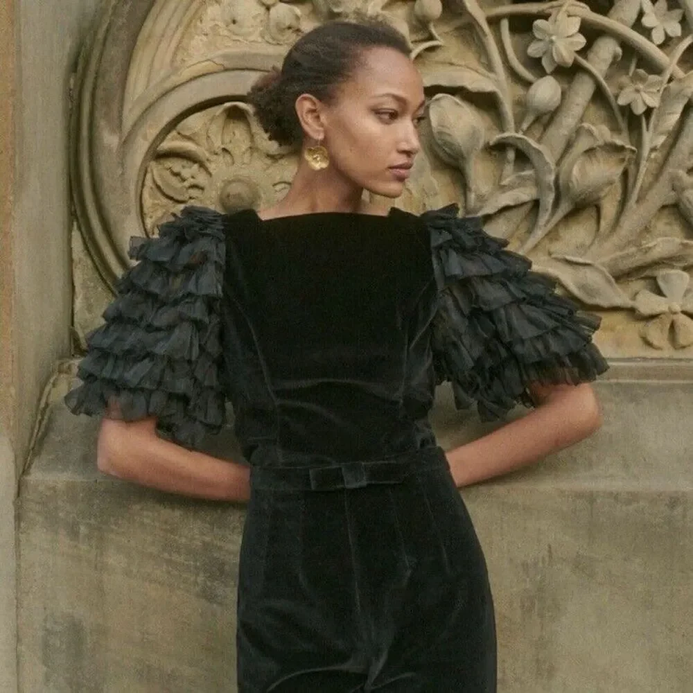 NWT Doen Heirloom Clarette Velvet Ruffle Top in Black Size XS - Picture 3 of 11